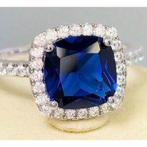 925 STERLING SILVER Cushion Cut Blue Spinel & Cubic Zirconia Halo Ring